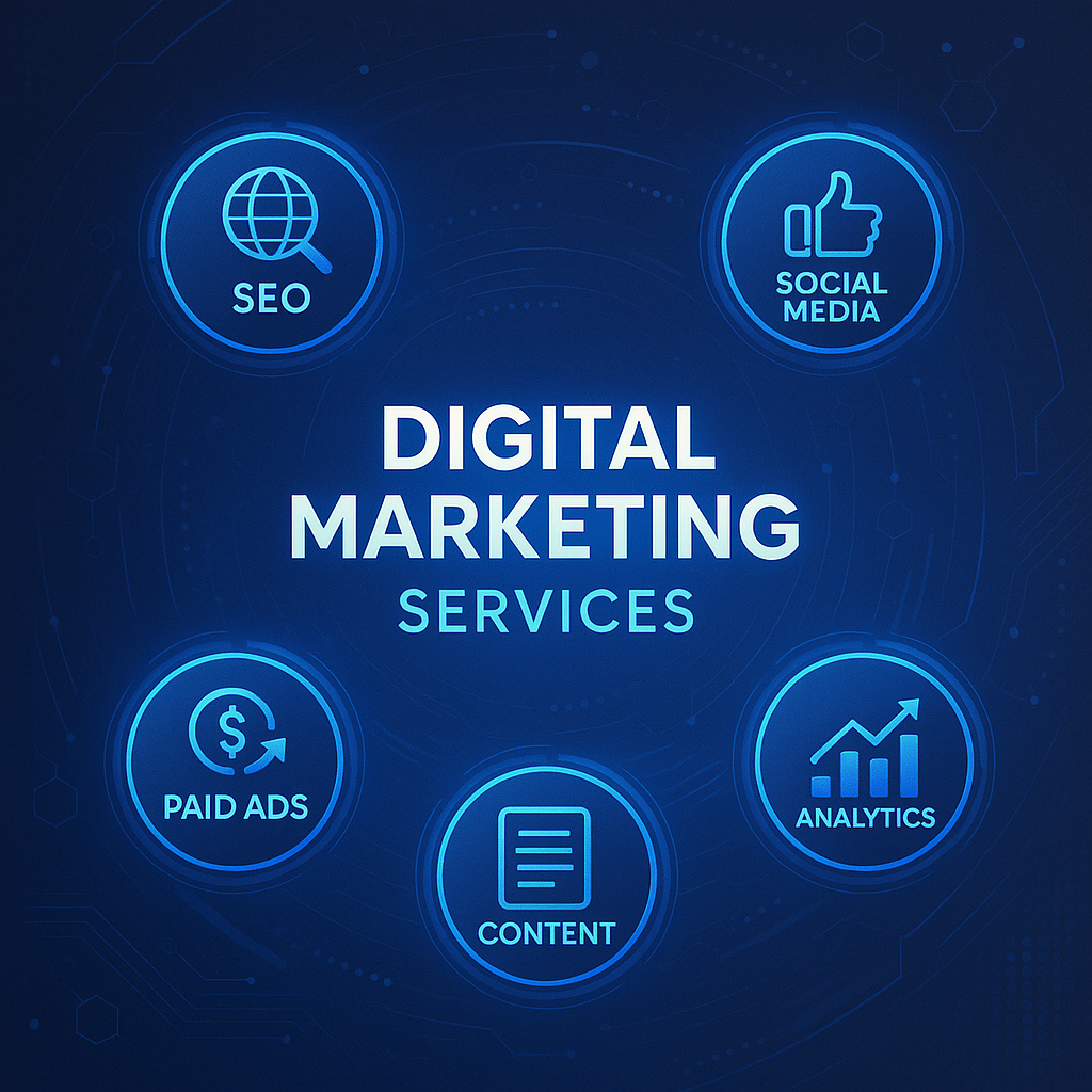 Banner with SEO, social media, and analytics icons promoting HS Online digital marketing services.