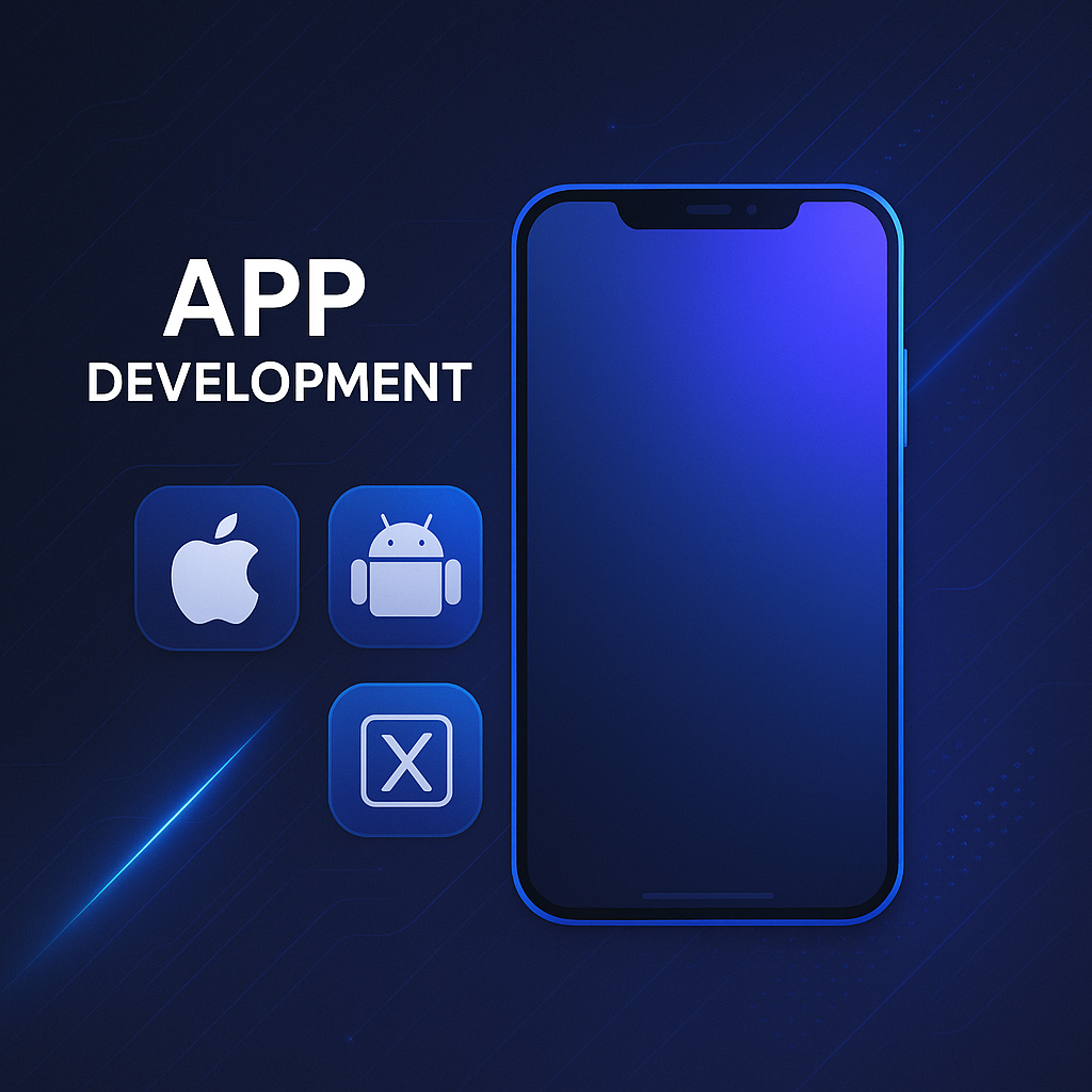 App development banner with mobile phone and cross-platform icons.