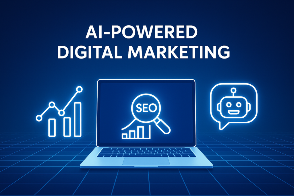 Banner with laptop, SEO chart, and chatbot icons showing AI-powered AI tolls in marketing.