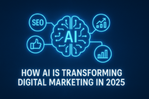 Banner with glowing AI brain connected to SEO, analytics, and social media icons for AI tolls in digital marketing in 2025.