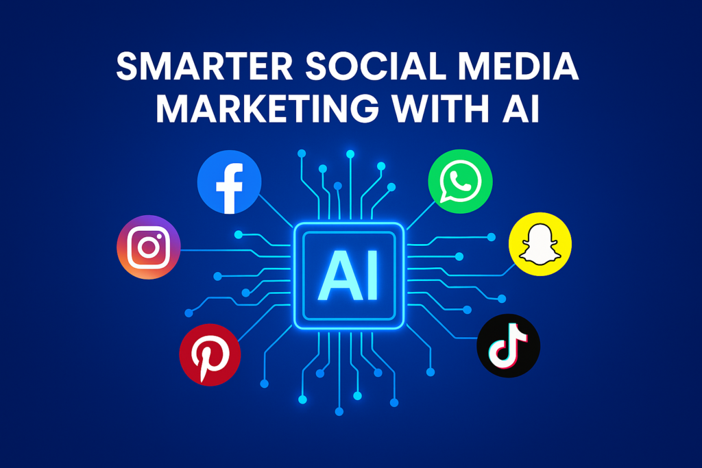 ai tools in marketing Banner with social media icons connected to glowing AI chip promoting smarter social media marketing with AI.