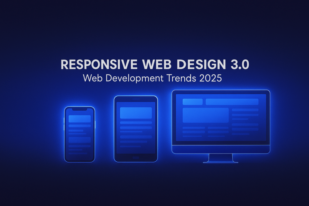 Responsive web design banner with mobile and desktop icons for web development trends 2025.