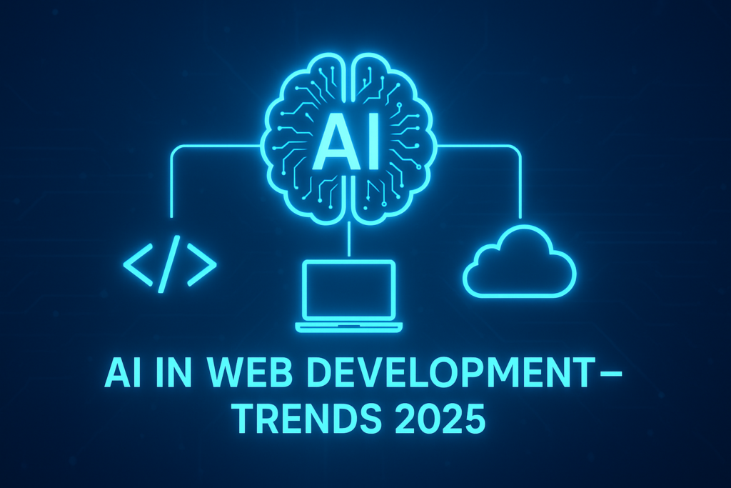 AI brain with coding and cloud icons for web development trends 2025.