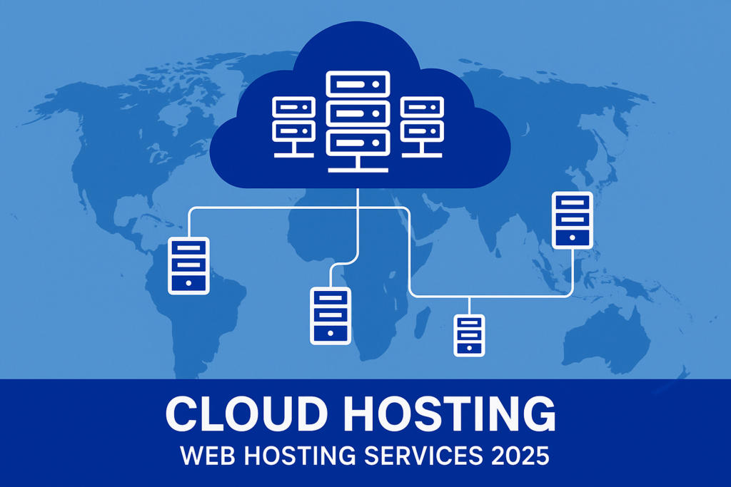 Cloud hosting with server icons for web hosting services 2025.