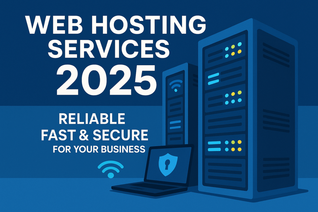 Banner with glowing servers representing web hosting services 2025.