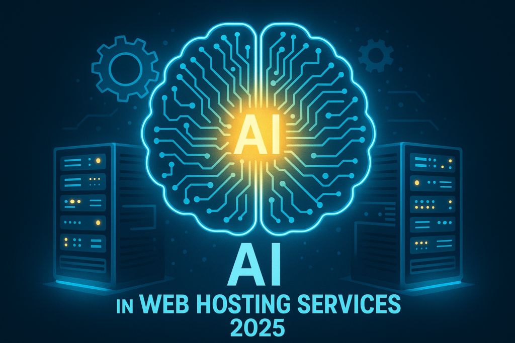 AI brain and servers showing AI in web hosting services 2025.