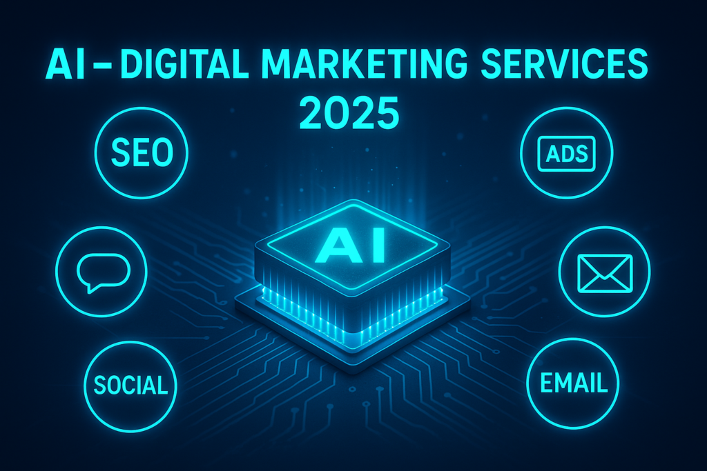 AI-powered marketing icons banner for digital marketing services.