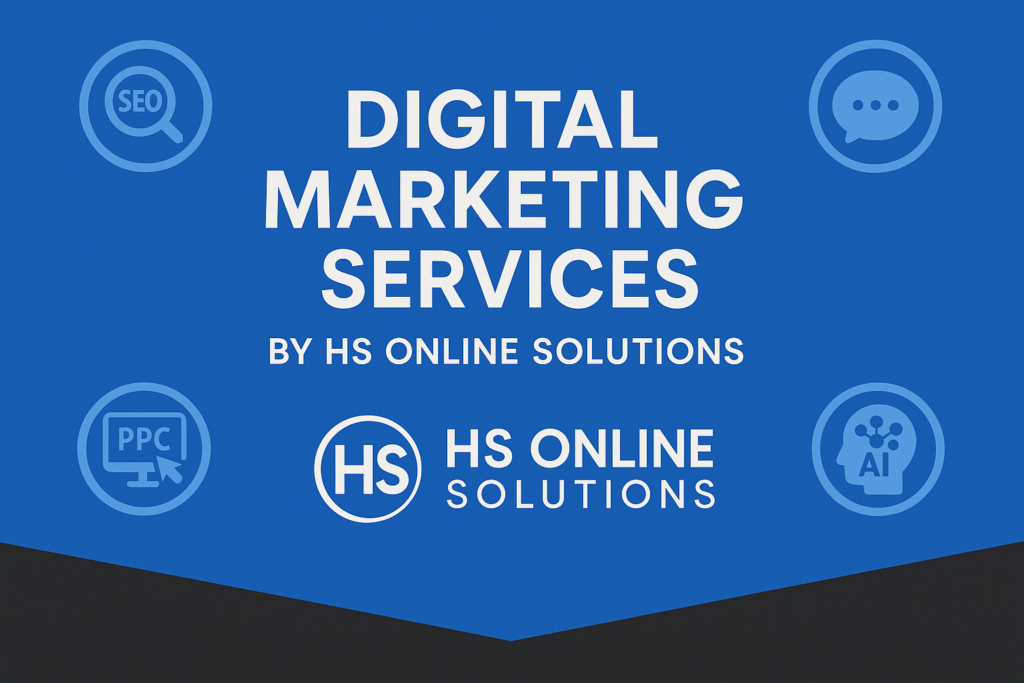 HS Online Solutions logo with service icons for digital marketing services.